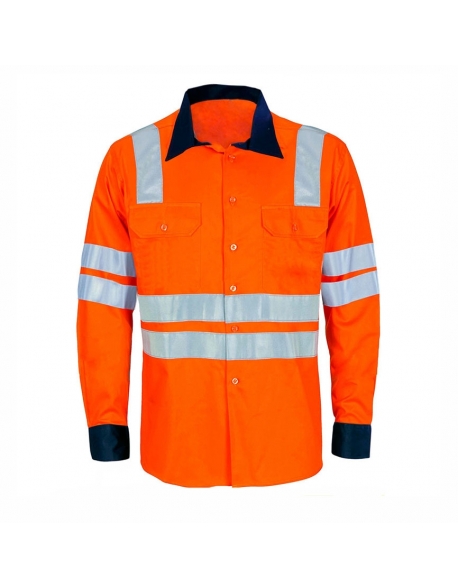 Camisa naranja manga larga con cintas reflectivas, 100% algodón Vangard